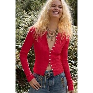 Free People Tilly Long-Sleeve Cardi Blouse Top Knit Ribbed Buttondown XS 282719